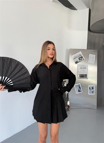 Kadın Siyah Keten Gömlek Ayrobin Cepli