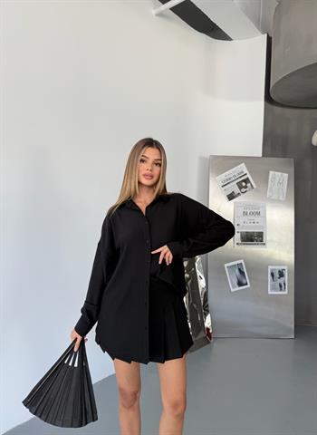 Kadın Siyah Keten Gömlek Ayrobin Cepli