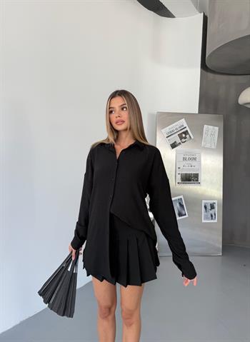 Kadın Siyah Keten Gömlek Ayrobin Cepli