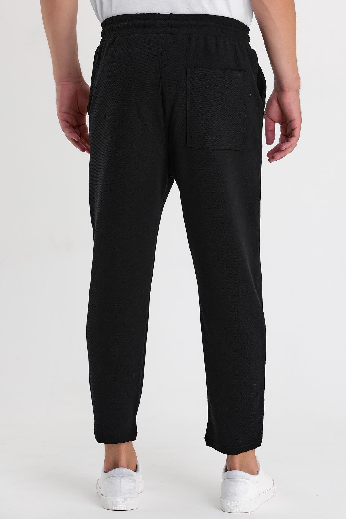 Erkek Ottoman Desen Pamuklu Beli Lastikli ve İpli Jogger Pantolon  SİYAH