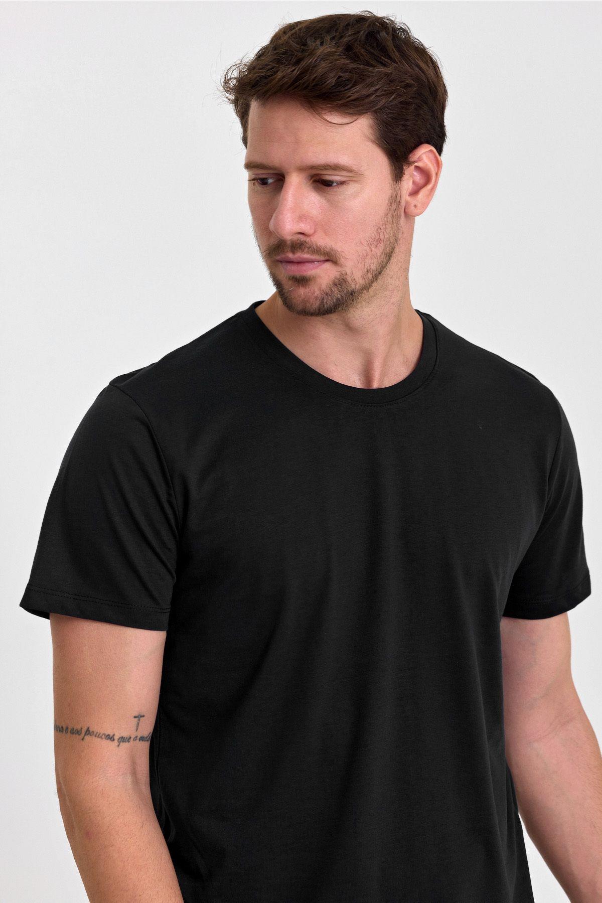 Erkek Siyah %100 Pamuk Slim Fit Dar Kesim Bisiklet Yaka Basic Tişört
