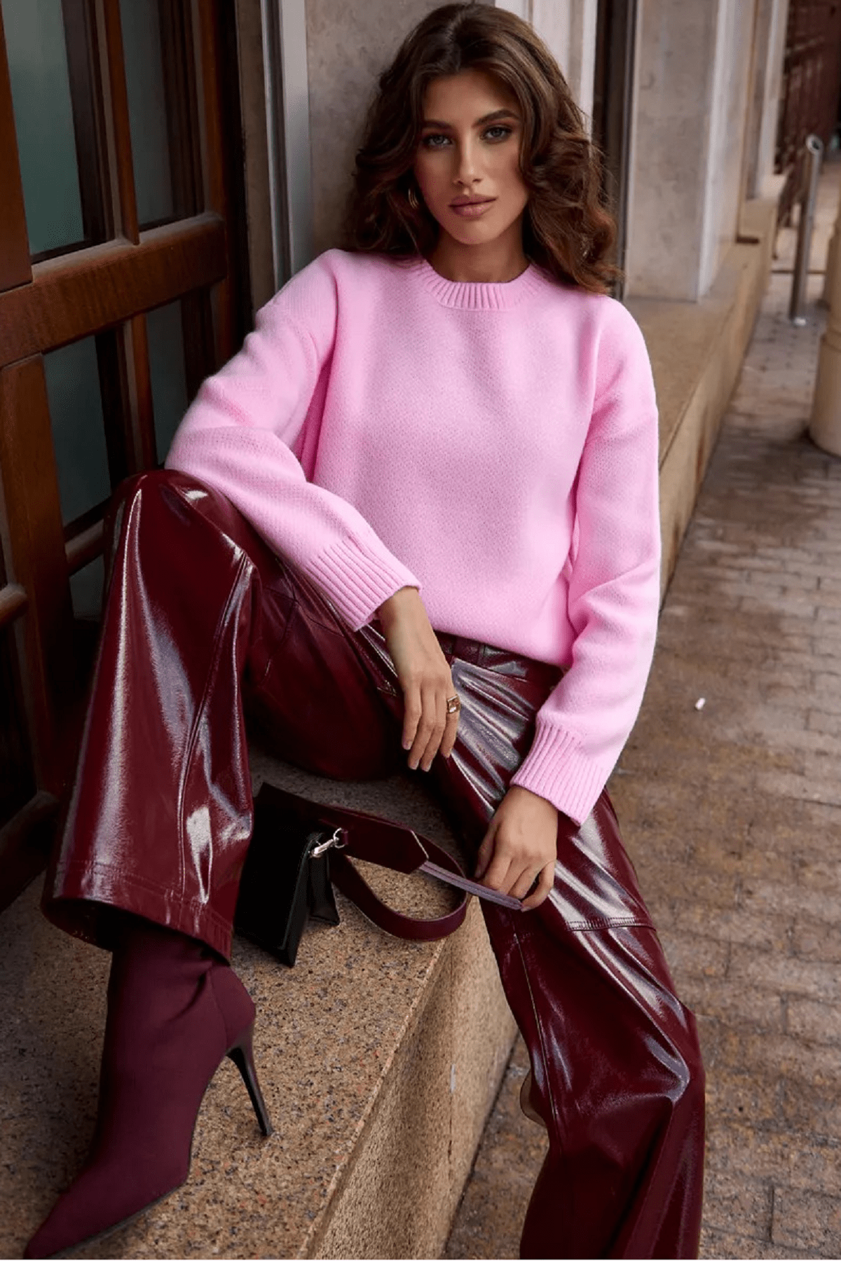 Pembe Bisiklet Yaka Oversize Triko Kazak
