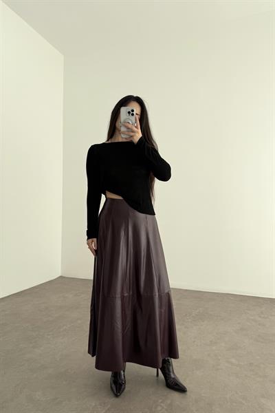  A Kesim Midi Bordo Deri Etek