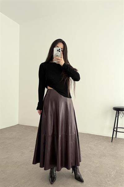  A Kesim Midi Bordo Deri Etek