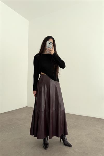  A Kesim Midi Bordo Deri Etek