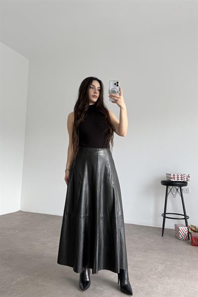  A Kesim Midi Siyah Deri Etek