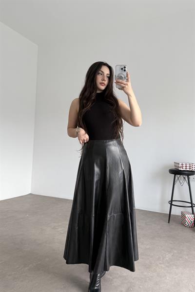  A Kesim Midi Siyah Deri Etek