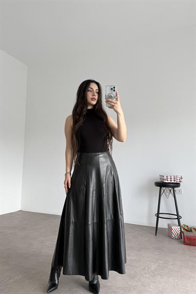  A Kesim Midi Siyah Deri Etek