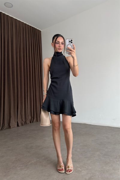  Halter Yaka Bağlamalı Fırfırlı Siyah Modal Kısa Elbise