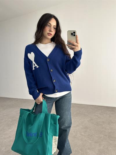 A Kalp Figür İşlemeli Premium Hırka Mavi