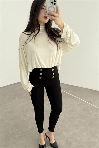 Aksesuar Düğmeli Nervürlü Siyah Tayt