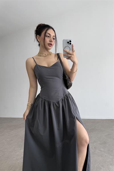 Antrasit Sırtı Gipe Detaylı Elbise