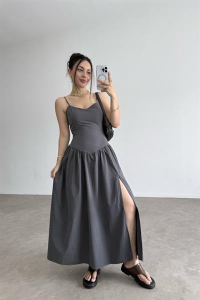 Antrasit Sırtı Gipe Detaylı Elbise