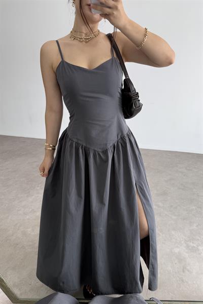 Antrasit Sırtı Gipe Detaylı Elbise