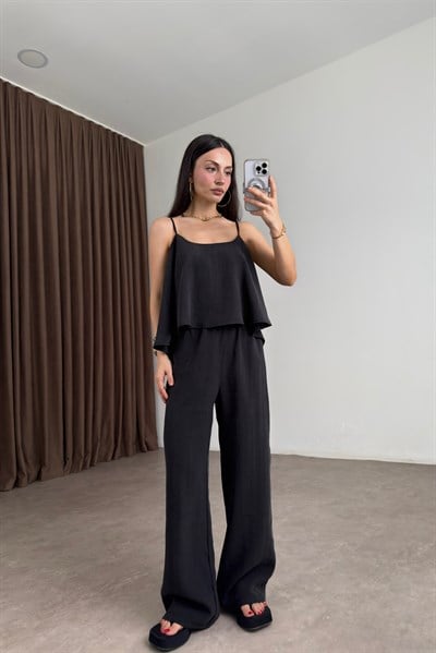 Askılı Bluz Pantolon Dökümlü Siyah Takım