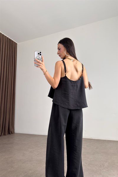 Askılı Bluz Pantolon Dökümlü Siyah Takım