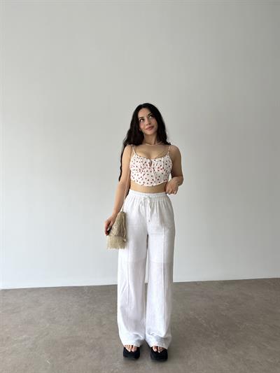Astarlı Yüksek Bel Beyaz Keten Pantolon
