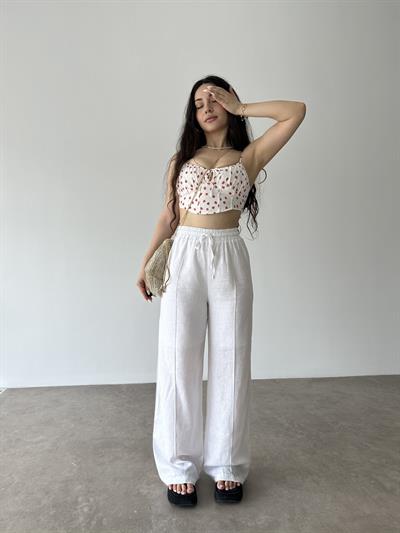 Astarlı Yüksek Bel Beyaz Keten Pantolon