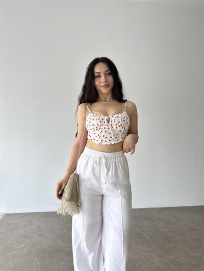 Astarlı Yüksek Bel Beyaz Keten Pantolon