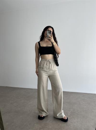 Astarlı Yüksek Bel Natural Keten Pantolon
