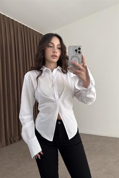 Bağlama Detaylı Beyaz Poplin Gömlek