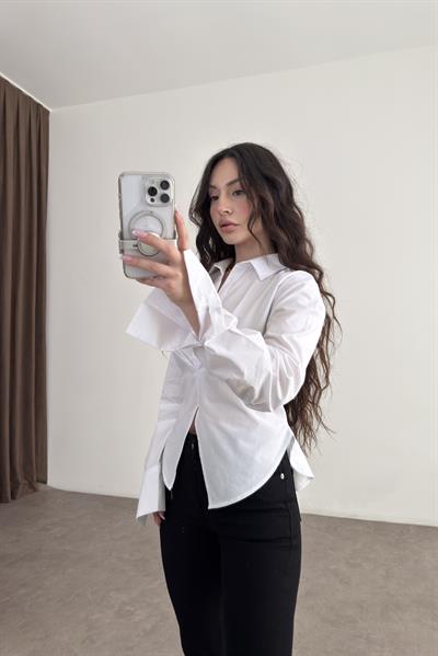 Bağlama Detaylı Beyaz Poplin Gömlek