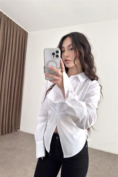 Bağlama Detaylı Beyaz Poplin Gömlek