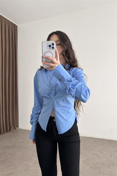 Bağlama Detaylı Mavi Poplin Gömlek