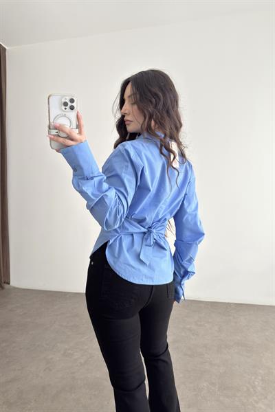 Bağlama Detaylı Mavi Poplin Gömlek