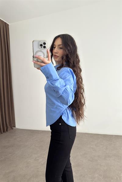 Bağlama Detaylı Mavi Poplin Gömlek