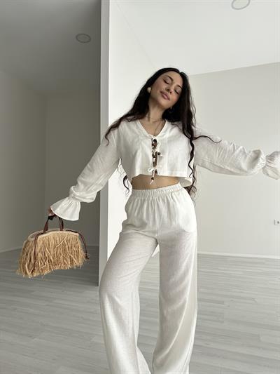 Ekru Bağlama Detaylı Premium Keten Takım