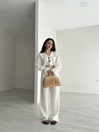 Ekru Bağlama Detaylı Premium Keten Takım