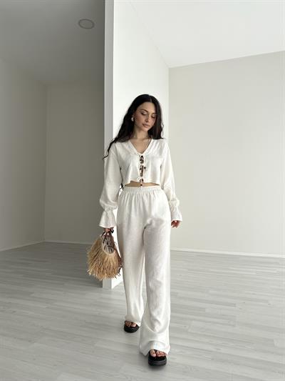 Ekru Bağlama Detaylı Premium Keten Takım