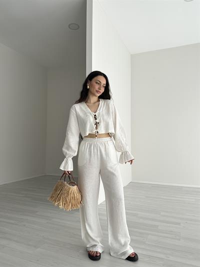 Ekru Bağlama Detaylı Premium Keten Takım