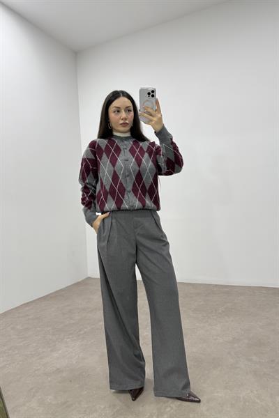 Baklava Desenli Bordo Gri Düğmeli Hırka