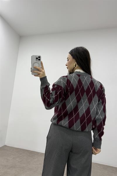 Baklava Desenli Bordo Gri Düğmeli Hırka