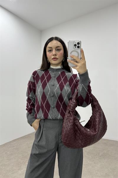 Baklava Desenli Bordo Gri Düğmeli Hırka