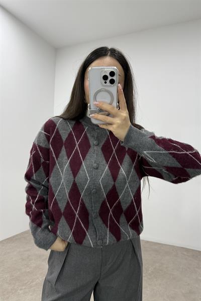 Baklava Desenli Bordo Gri Düğmeli Hırka