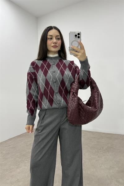 Baklava Desenli Bordo Gri Düğmeli Hırka