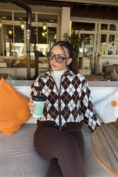 Baklava Desenli Kahve Fermuarlı Hırka