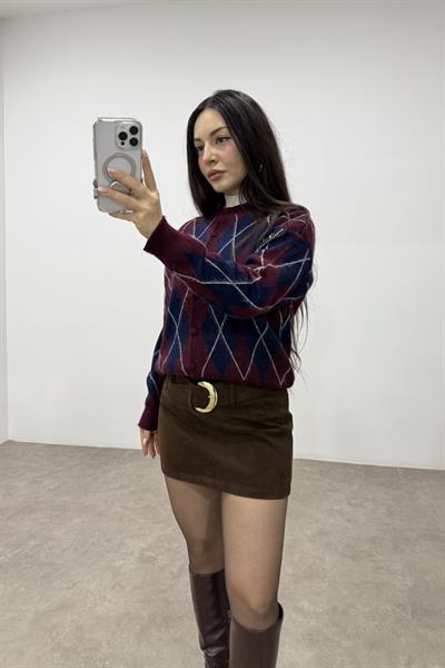 Baklava Desenli Lacivert Bordo Düğmeli Hırka