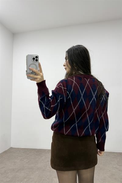 Baklava Desenli Lacivert Bordo Düğmeli Hırka