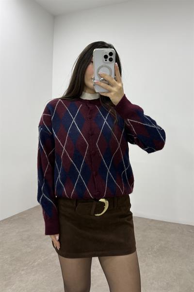 Baklava Desenli Lacivert Bordo Düğmeli Hırka