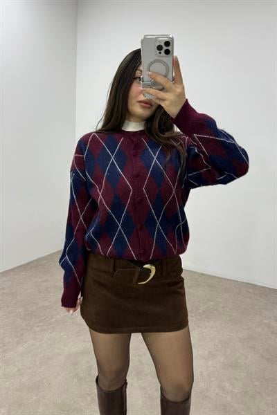 Baklava Desenli Lacivert Bordo Düğmeli Hırka