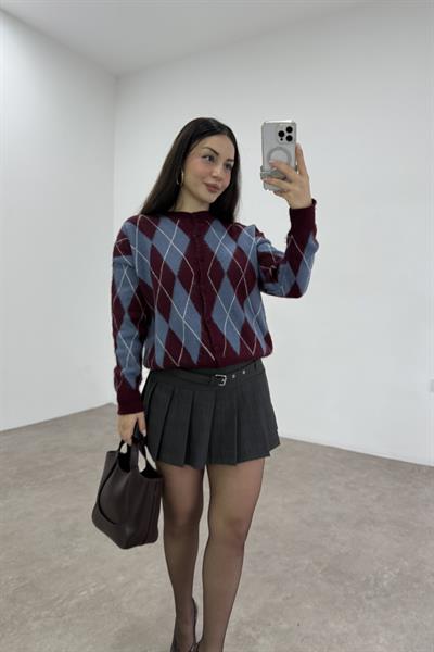 Baklava Desenli Mavi Bordo Düğmeli Hırka