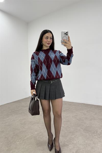 Baklava Desenli Mavi Bordo Düğmeli Hırka