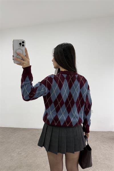 Baklava Desenli Mavi Bordo Düğmeli Hırka