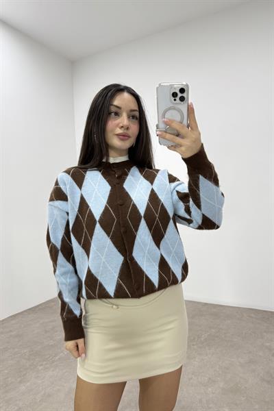 Baklava Desenli Mavi Kahve Düğmeli Hırka