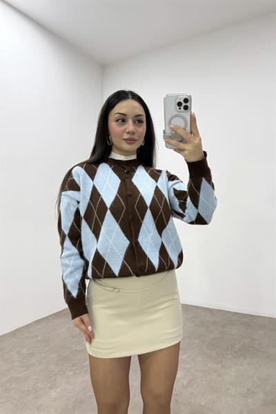 Baklava Desenli Mavi Kahve Düğmeli Hırka