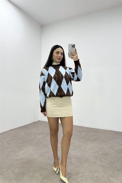 Baklava Desenli Mavi Kahve Düğmeli Hırka